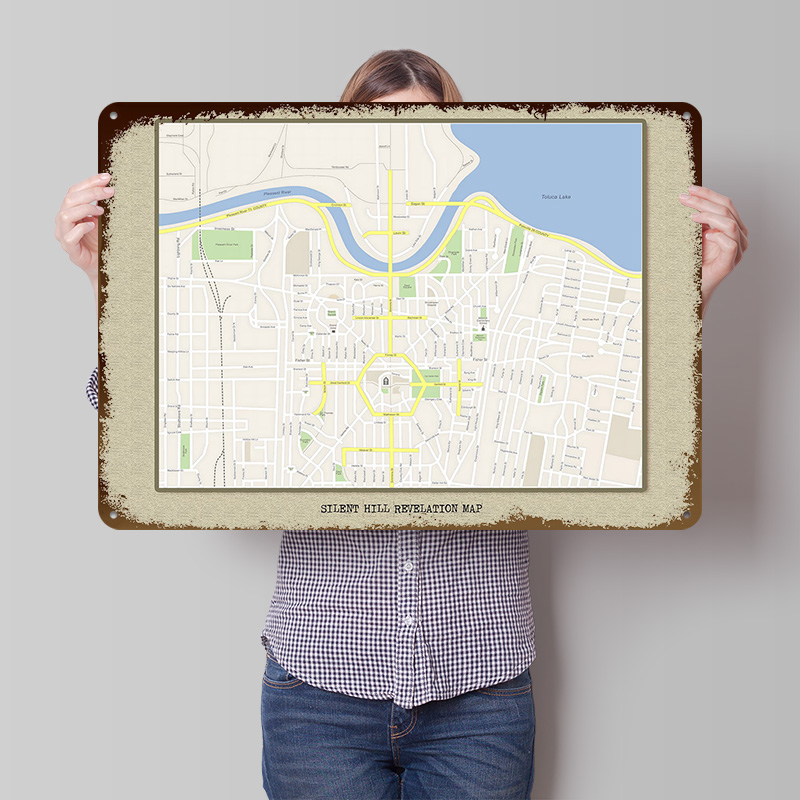 Custom Map Poster - サイレントヒルレベレーションマップメタルポスターカスタマイズされたウォールアートレトロヴィンテージメタルサイン男性用洞窟家の装飾装飾品