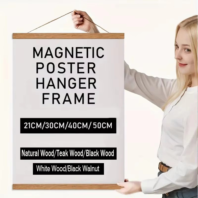 Engraved Wood Frame - 21 30 40 50cm 磁気ポスターハンガー チークパイン材スクロール絵画フレーム