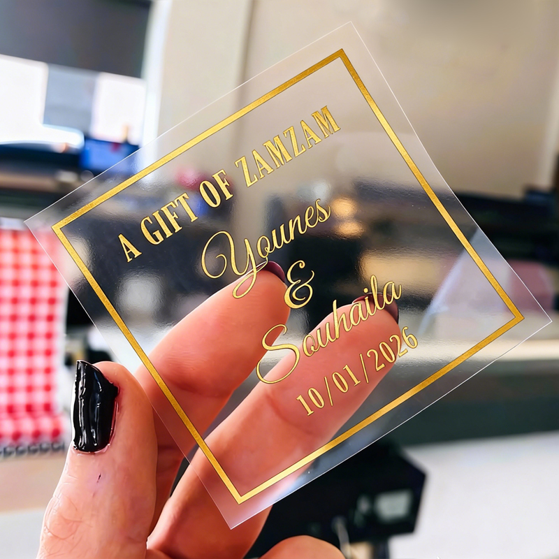 Personalised Candle Label - 50 個の正方形のパーソナライズされたウェディングステッカー透明背景ステッカーゴールド箔シルバー箔黒文字好意ラベル付き