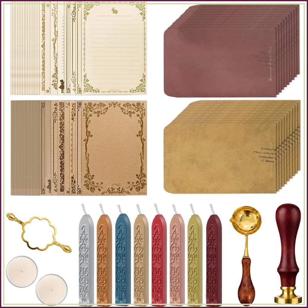 Wax Seal Letter Kit - 48個入りヴィンテージワックスシールスタンプキット、結婚式の招待状、ラブレター、封筒、ワックススティック、生命の樹スタンプ＆モールド、ティーキャンドル