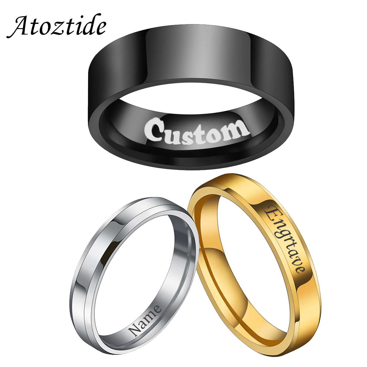 Initial Ring Custom - Atoztide 4/6/8ミリメートルパーソナライズ彫刻名日付リング女性ゴールドカラーステンレス鋼カスタムハートカップルの宝石類のギフト