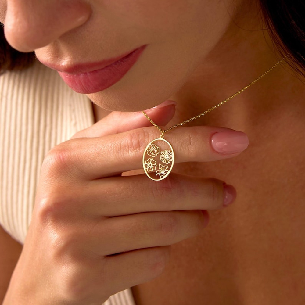 Birth Flower Necklace - カスタム誕生花ネックレス パーソナライズフラワーペンダントネックレス ステンレス製 彼女への誕生日プレゼント ジュエリー