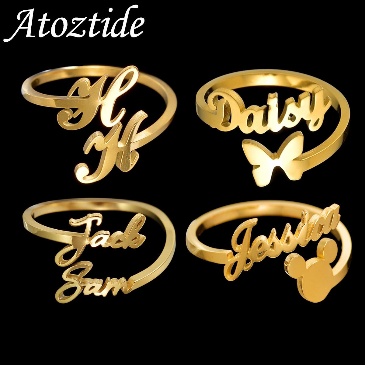 Initial Ring Custom - Atztide-女性のためのパーソナライズされた名前のリング,ステンレス鋼,調整可能,ハート,バタフライ,ギフト,ウェディングジュエリー