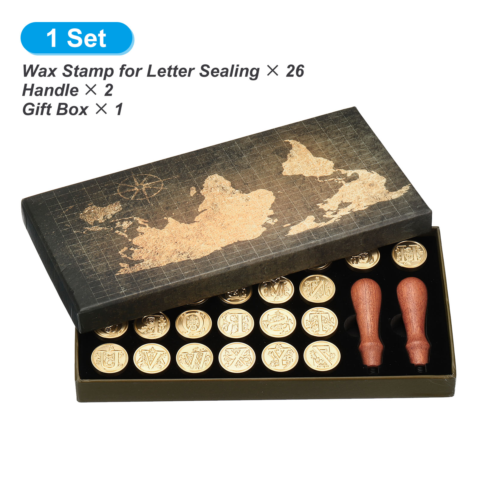 Wax Seal Letter Kit - アルファベットワックスシールスタンプキット、26文字A-Zシーリングワックススタンプ、木製ハンドル2個付き、ギフトボックス入り、イニシャル真鍮ヘッド、ヴィンテージ