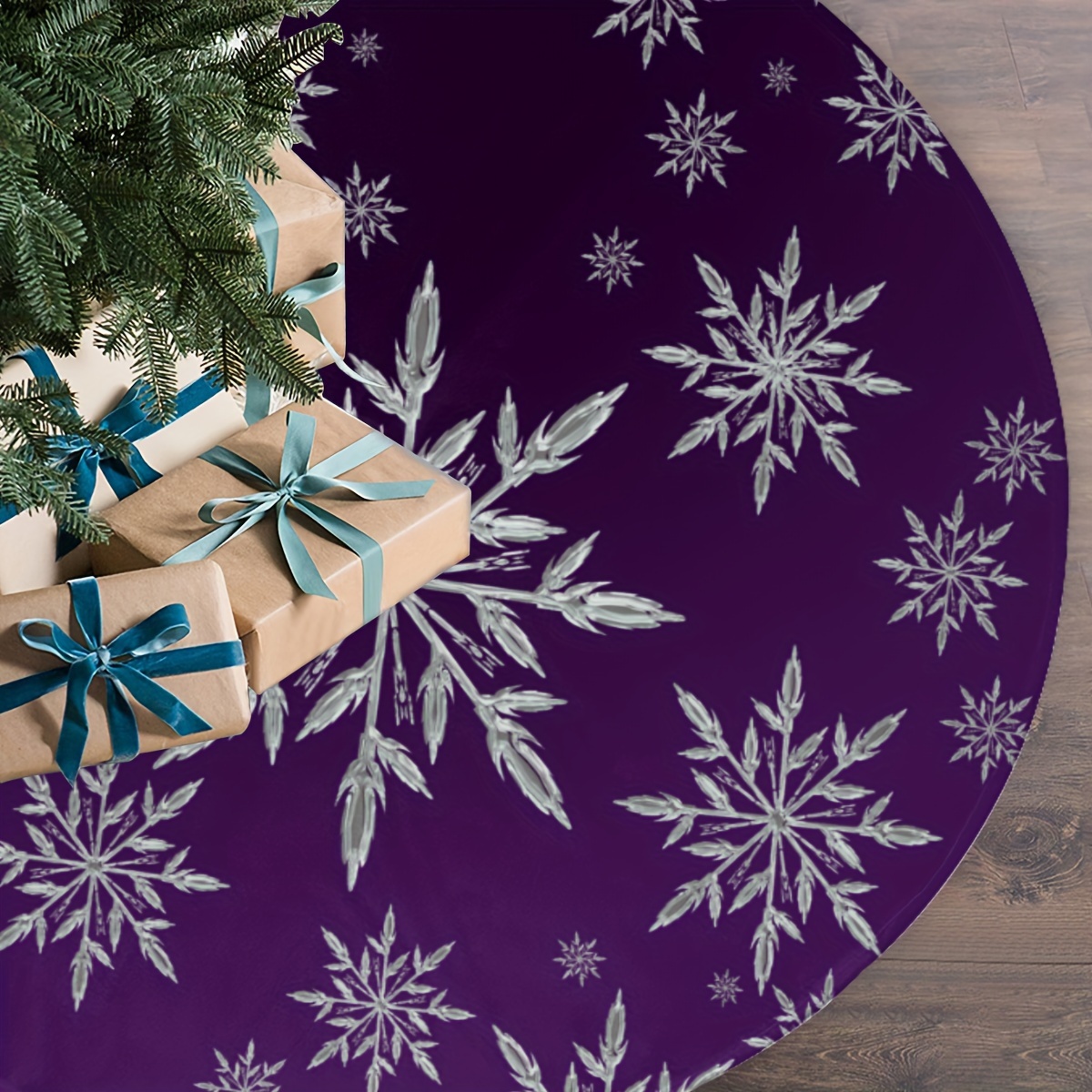 Family Tree Print - VIKAMA ディープパープル スノーフレークプリント クリスマスツリースカート お祝いの家族の装飾 季節の雰囲気