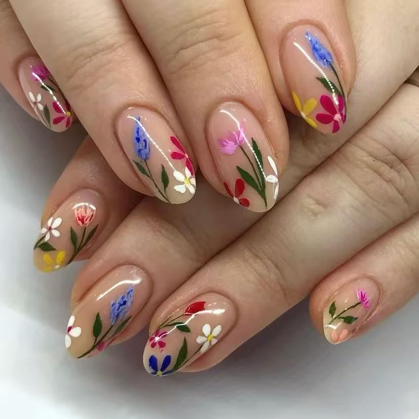 Pressed Flower Art - 24 個シンプルなアーモンドネイルのヒント新鮮なカラフルなフラワーデザイン付け爪ウェアラブルオーバル偽ネイルショートフルカバープレス爪