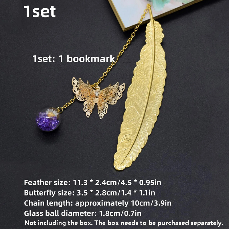 Dried Flower Bookmark - 1pc 中国風の金属製の羽の形をしたブックマーク、クリエイティブな不滅のドライフラワー、蝶の葉、学生用ブックマーク、教師の日のギフト