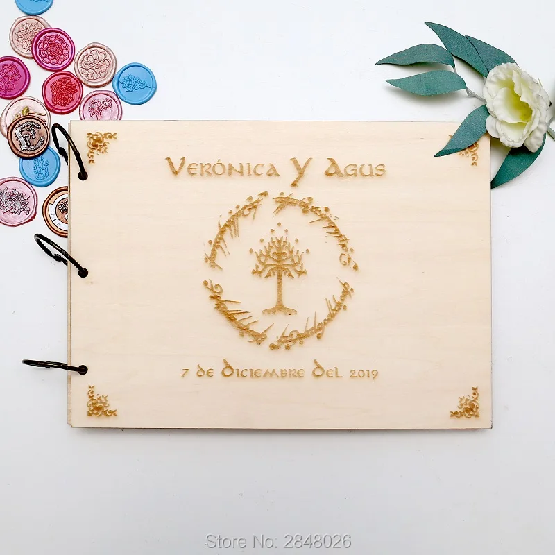 Custom Photo Book - 素朴なパーソナライズされた結婚式のゲストブック、カスタムロードオブリング木製結婚式のゲストブック、パーソナライズされたエレガントなフォトアルバム