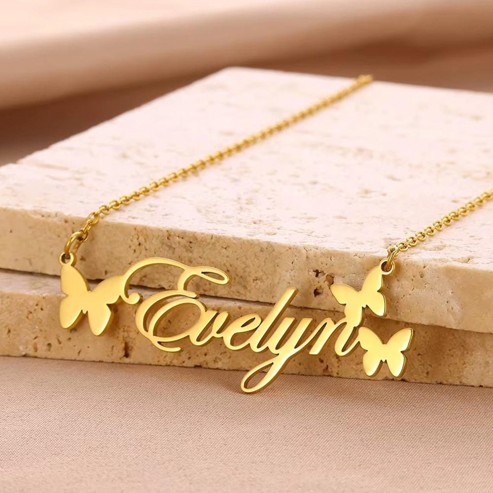 Birth Flower Necklace - カスタムネームネックレスパーソナライズされたジュエリーステンレス鋼ネームプレートと蝶のネックレス女性子供赤ちゃん誕生日ギフト