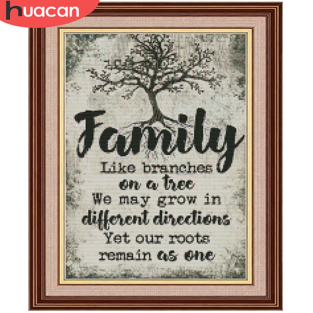 Family Tree Print - HUACAN 11CT クロスステッチコンプリートキット ファミリーテキスト風景刺繍 ツリー DMC糸