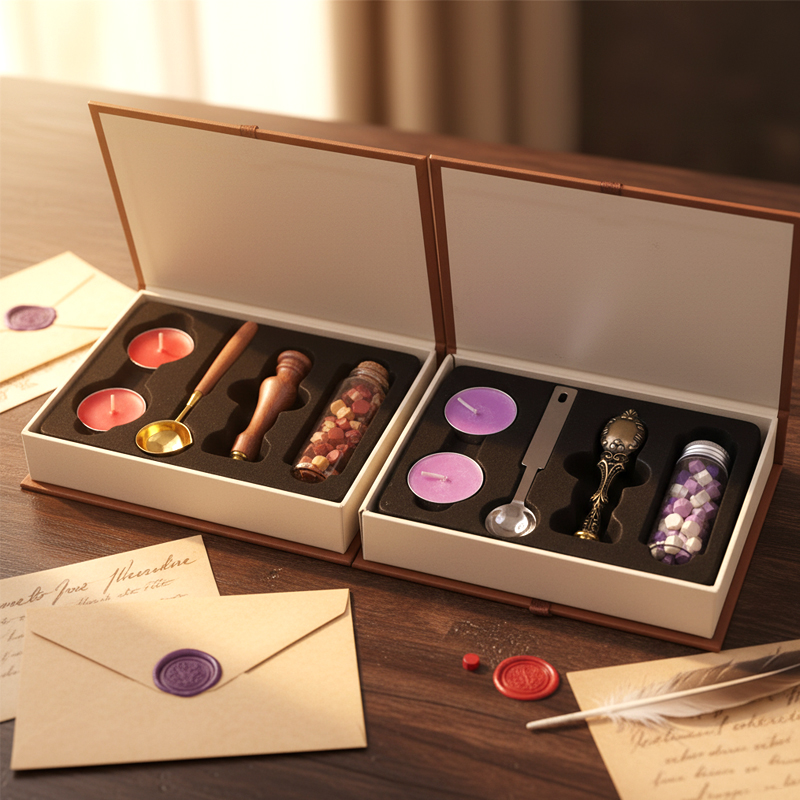 Wax Seal Letter Kit - ワックスシールスタンプギフトセット、木製ハンドル、溶解スプーン、ワックスビーズ＆キャンドル付き – ヴィンテージ風シーリングキット（手紙・招待状用）