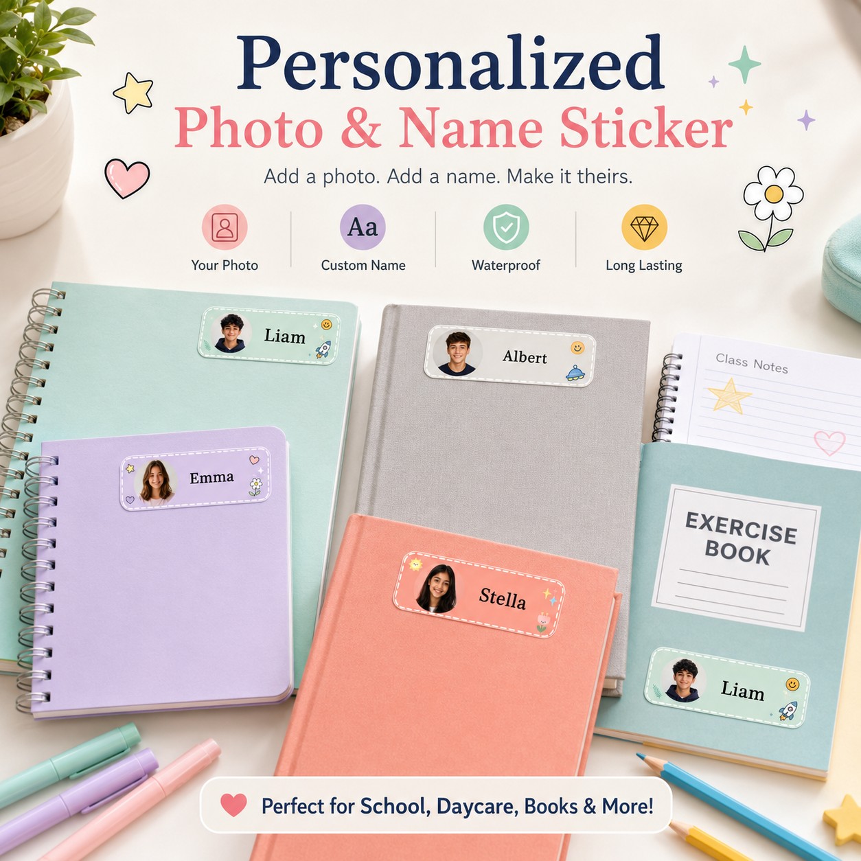 Custom Photo Book - カスタマイズされた写真入り名前入りクラスステッカー、パーソナライズされた学生用ラベル、本、ノート、筆箱、水筒、ランチボックス、学校用品に最適