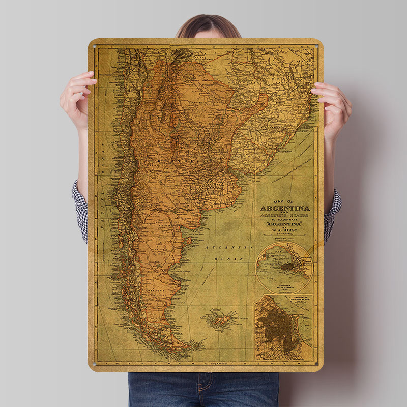 Custom Map Poster - アルゼンチンのヴィンテージ地図ブリキポスター、カスタマイズされたレトロな壁飾り、ヴィンテージメタルサイン、お部屋やオフィスの装飾、自宅やお部屋のデコレーションに