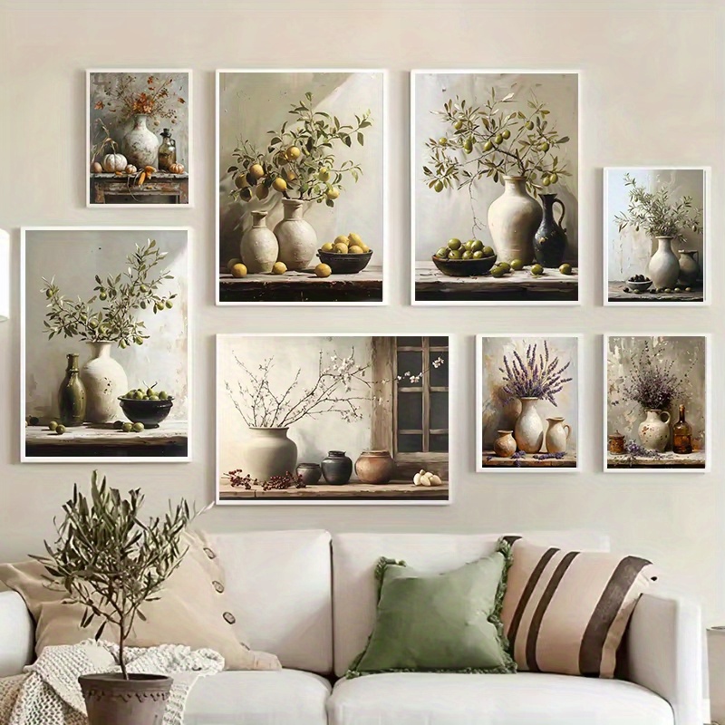 Family Tree Print - 1pc フレームレスレトロ静物ポスター印刷レモンオリーブの木花瓶の植物キャンバス絵画植物アンティークファミリールーム装飾