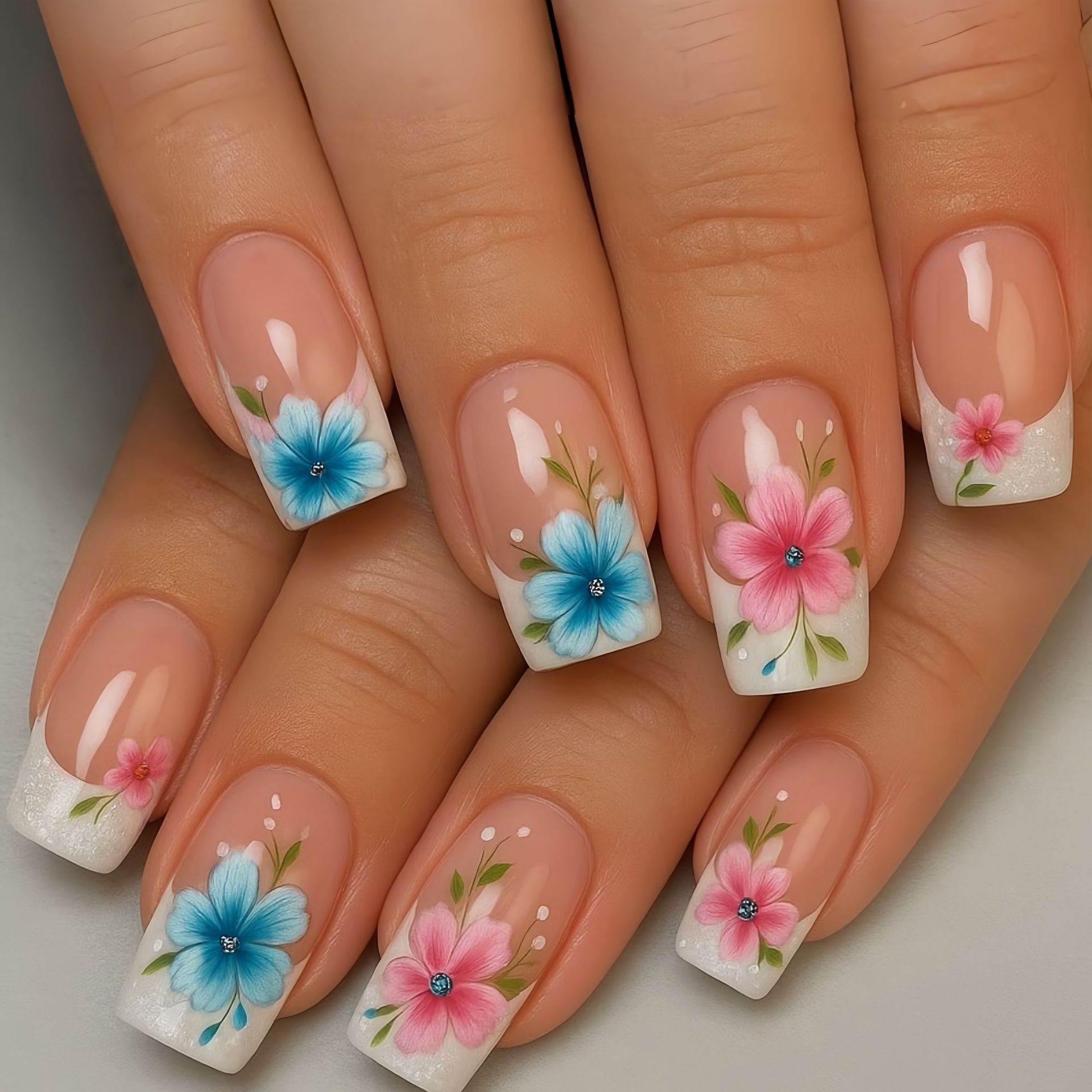 Pressed Flower Art - 女性用ショートミディアムフェイクネイル、ヌードホワイトのネイルチップに青とピンクの花柄、スクエアシェイプ、フルカバー、プレスオン式つけ爪セット