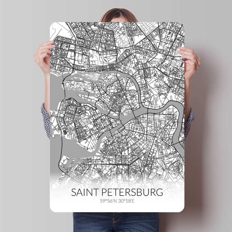 Custom Map Poster - サンクトペテルブルク白地図ブリキ看板地図ポスターコーヒーバーアクセサリーカスタム金属看板壁アート装飾レトロルーム