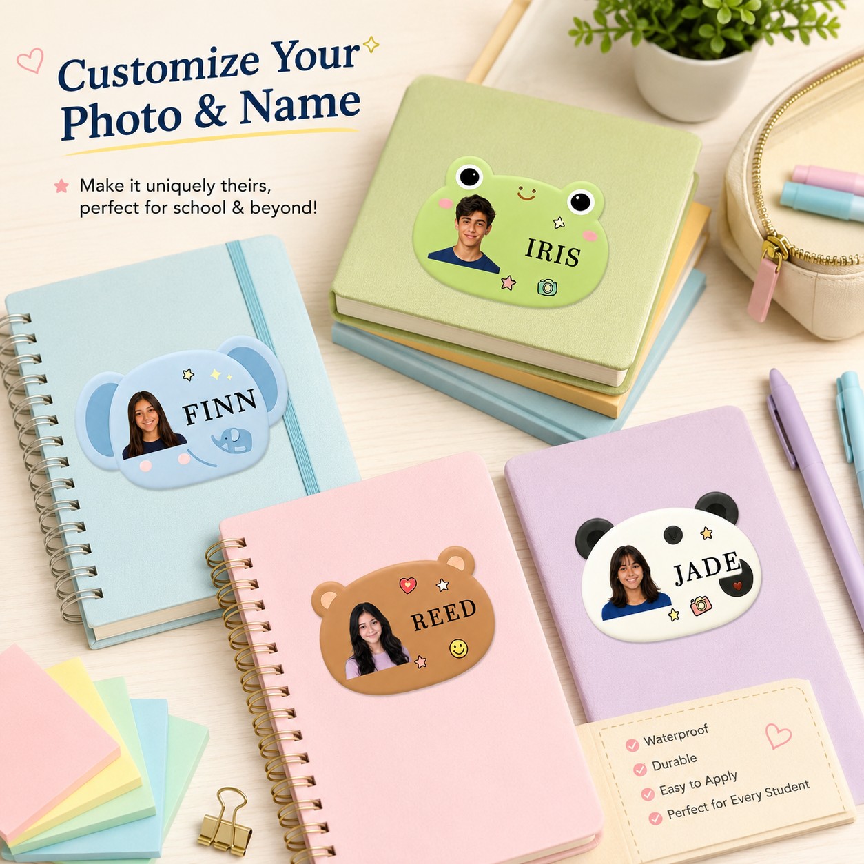 Custom Photo Book - カスタマイズされた写真入り名前ステッカー、かわいい動物の形をした名前入りタグ、2サイズ展開、本、筆箱、水筒、学用品に最適