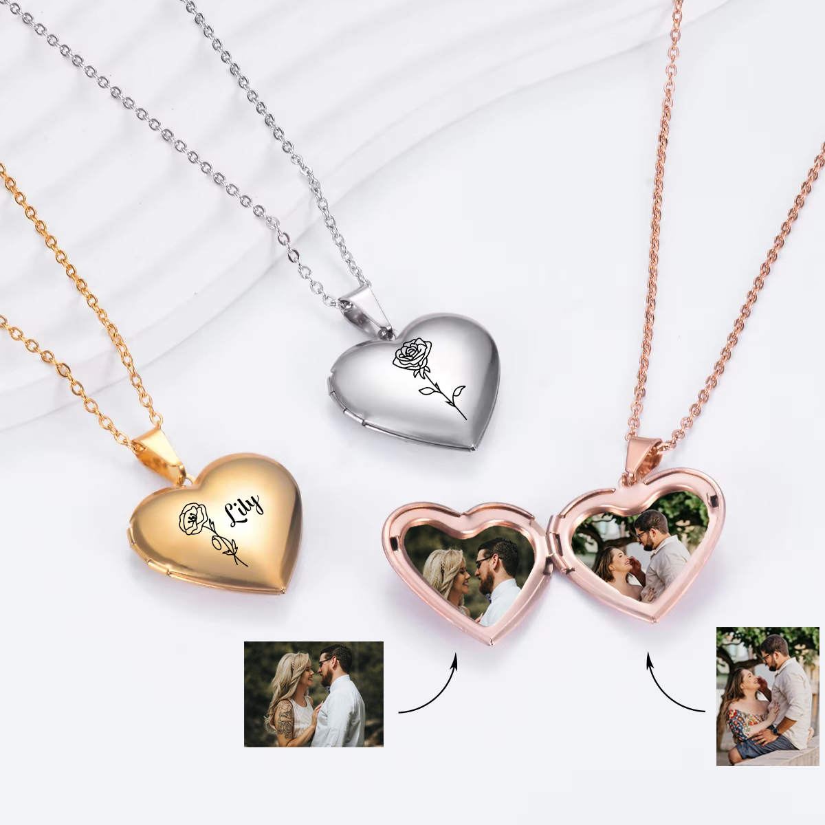 Birth Flower Necklace - 女性のためのパーソナライズされたステンレス鋼のネックレス,名前が刻印された写真,写真,ハート,花,誕生日プレゼント,ジュエリー