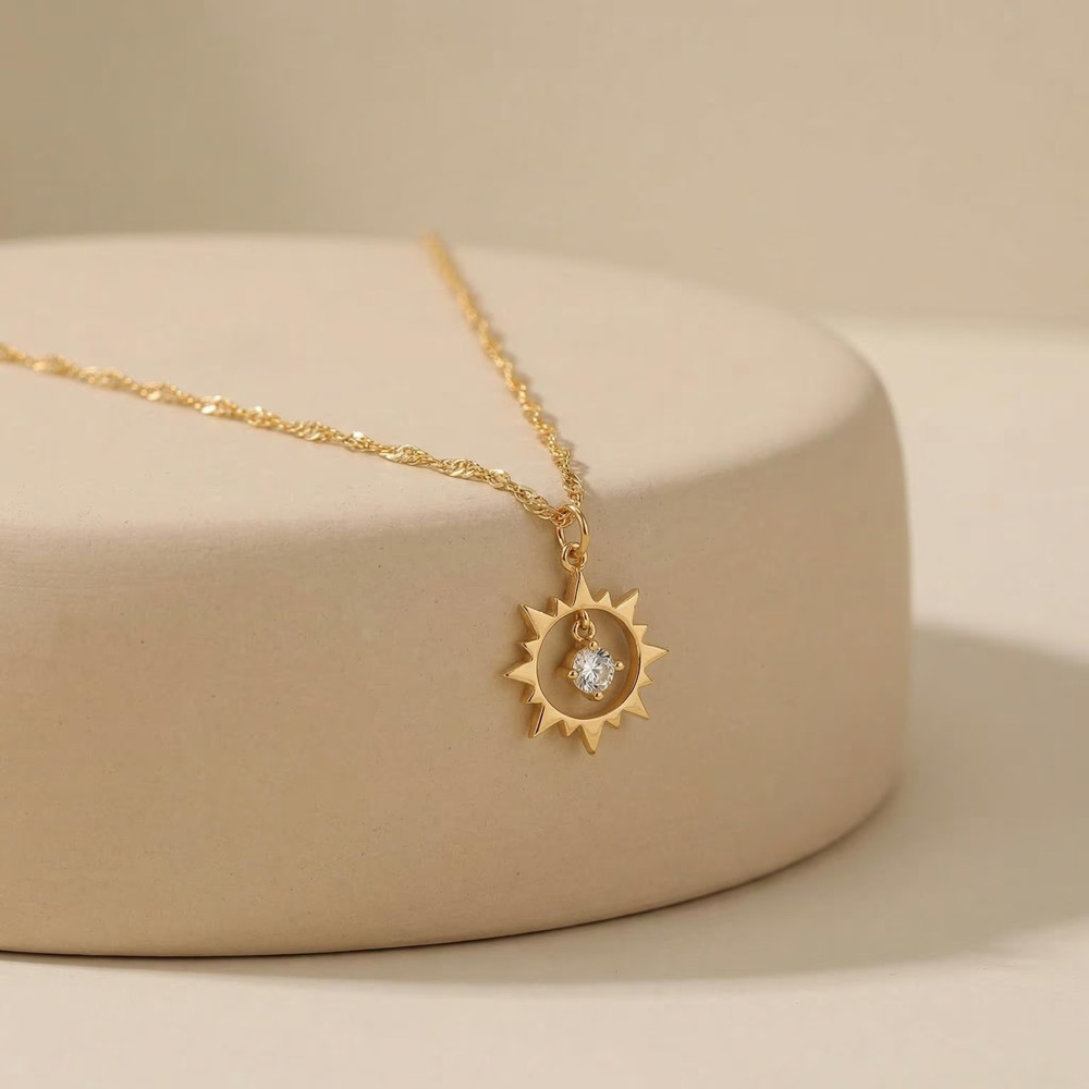 Birth Flower Necklace - カスタムヴィンテージサンネックレス ステンレス製 ミニマリストジュエリー パーソナライズされた誕生石ネックレス 女性用