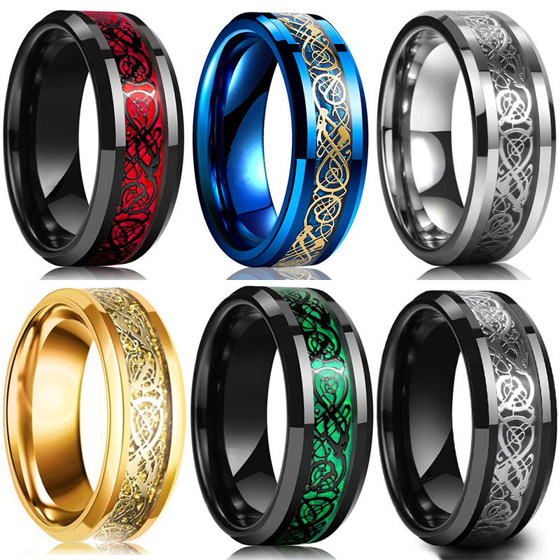 Initial Ring Custom - ファッション 8 ミリメートルメンズステンレス鋼ケルトドラゴ​​ンリングインレイ赤緑黒炭素繊維リング結婚指輪チャームジュエリーギフト