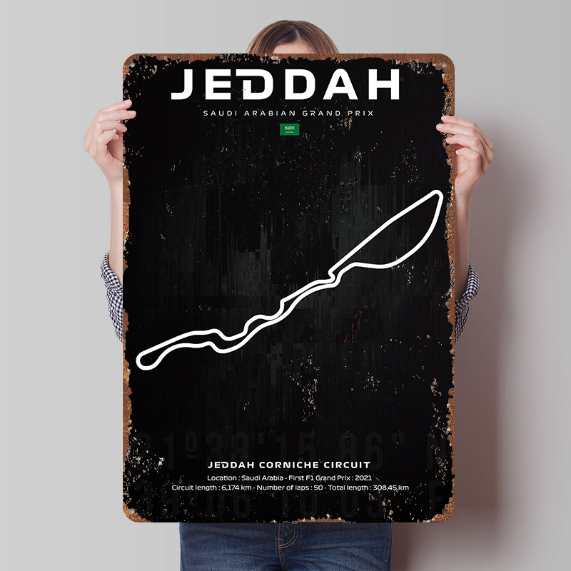 Custom Map Poster - ジェッダサーキットマップポスター カスタムウォールアート ヴィンテージメタルサイン レトロブリキ看板 マンケイブ モダンホームデコレーション