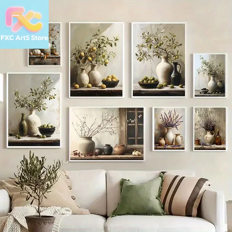 Family Tree Print - 1枚のフレームレス絵画、1枚のレトロな静物画ポスター印刷、レモンとオリーブの木、花瓶に入った植物、キャンバス絵画、アンティーク、ファミリールーム装飾