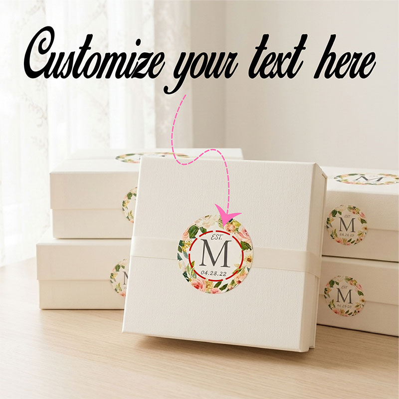 Personalized Name Box - カスタムステッカー パーソナライズされた日付 水彩画 ブラッシュホワイト ピオニーリースラベル カスタマイズされたテキスト名