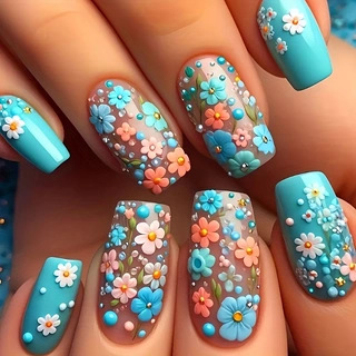 24 ピース/セットミディアムロング偽爪女性のための春夏の花 - Pressed Flower Art のレビューと価格