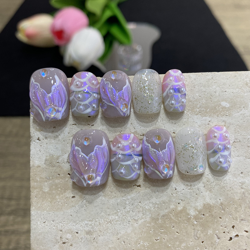 10 個蝶の花フェイクネイルミディアムコフィン付け爪パールグ - Pressed Flower Art のレビューと価格