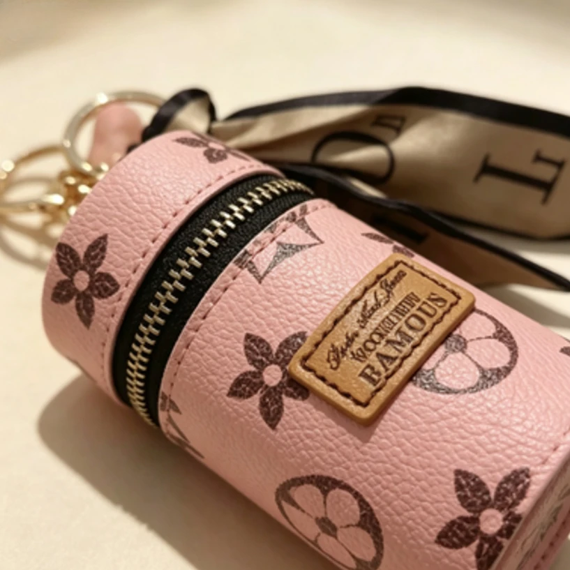 ピンクの花柄モノグラムプリント円筒形ミニリップスティックポー - Monogram Keychain Leather のレビューと価格