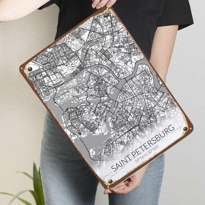 サンクトペテルブルク白地図ブリキ看板地図ポスターコーヒーバー - Custom Map Poster のレビューと価格