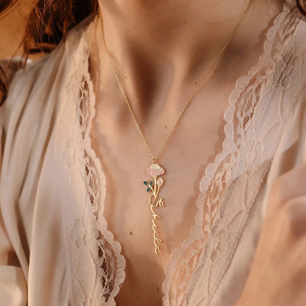 パーソナライズされたネームネックレス誕生花カスタム花ネームプ - Birth Flower Necklace のレビューと価格