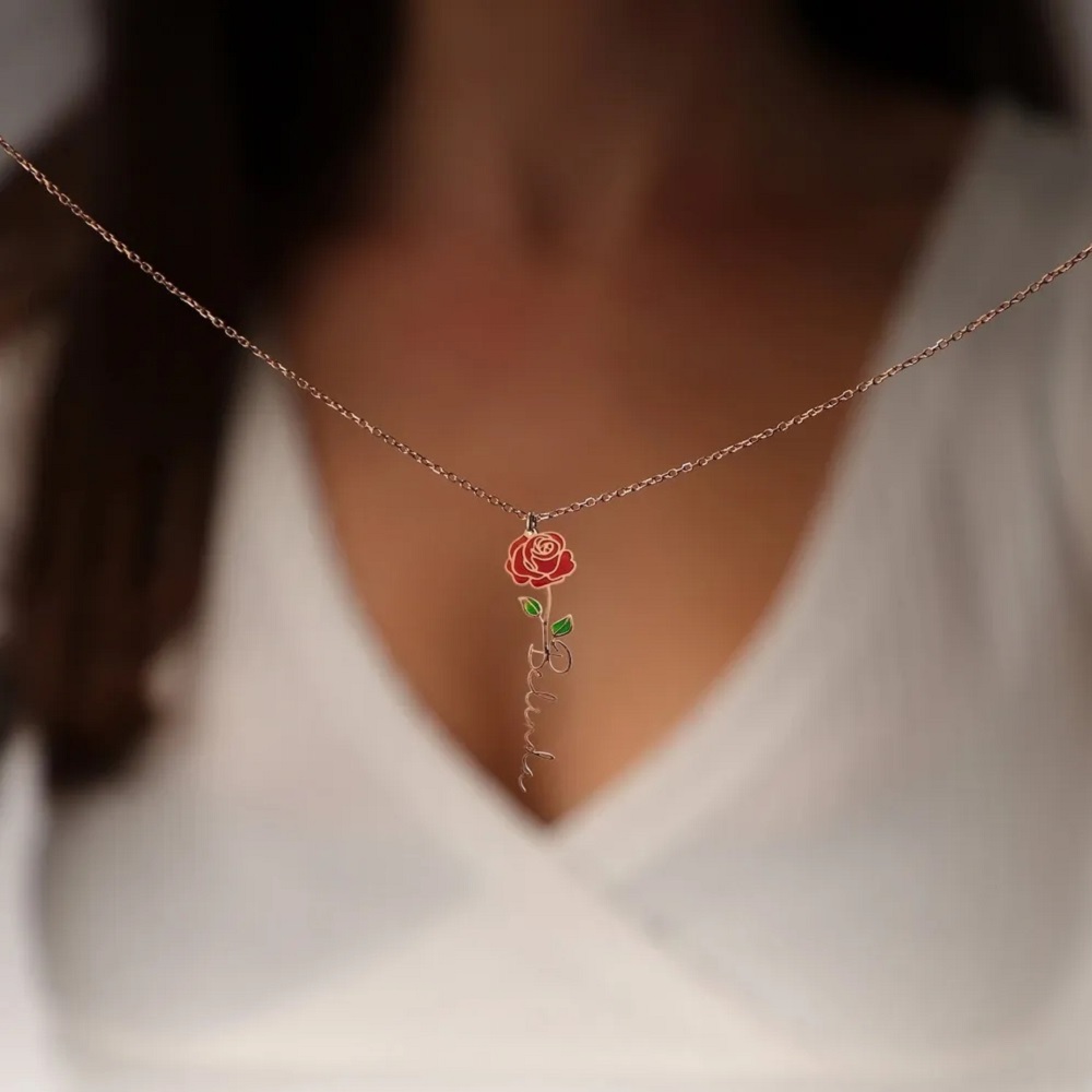 パーソナライズされたネームネックレス誕生花カスタム花ネームプ - Birth Flower Necklace のレビューと価格