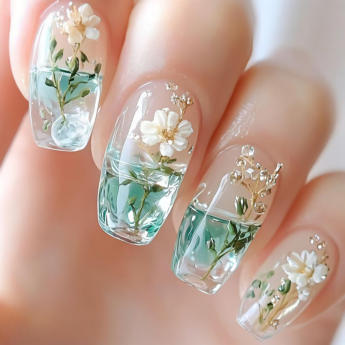 女性・女の子向けミディアムサイズのフェイクネイル、半透明グラ - Pressed Flower Art のレビューと価格