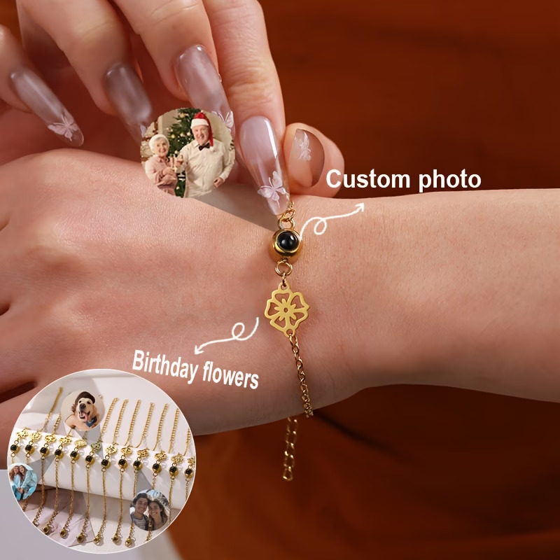 カスタム写真ブレスレット ステンレススチールチェーン パーソ - Birth Flower Necklace のレビューと価格