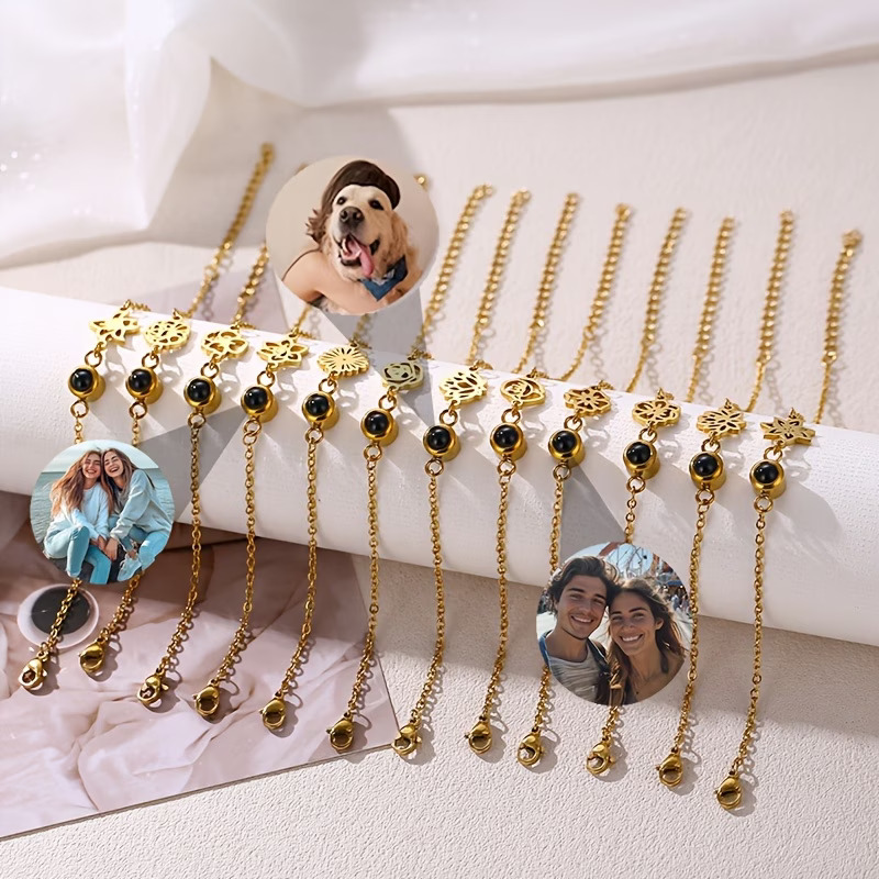 カスタム写真ブレスレット ステンレススチールチェーン パーソ - Birth Flower Necklace のレビューと価格